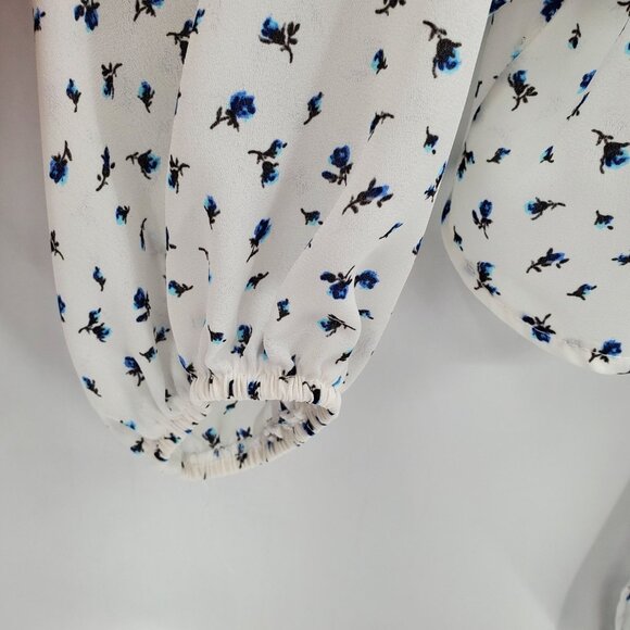 Windsor Sheer Tie Front Blouse M White Blue Floral Crop Top Boho Festival - Picture 7 of 14